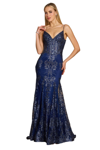 Kos Couture Fitted Corset-Style Full-Length Formal Gown Prom Dress - NAVY - FRONT DETAILED VIEW