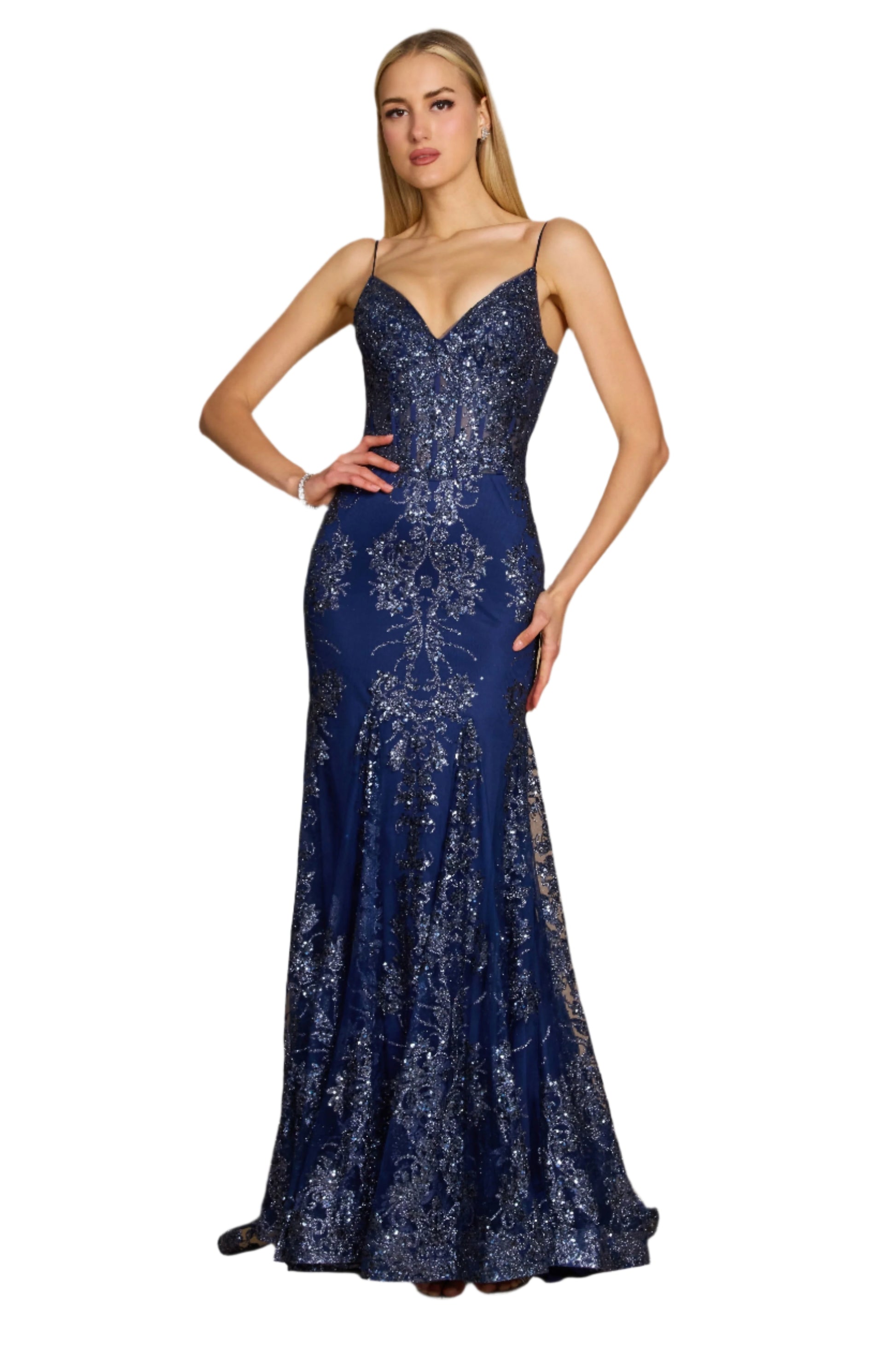 Kos Couture Fitted Corset-Style Full-Length Formal Gown Prom Dress - NAVY - FRONT 
