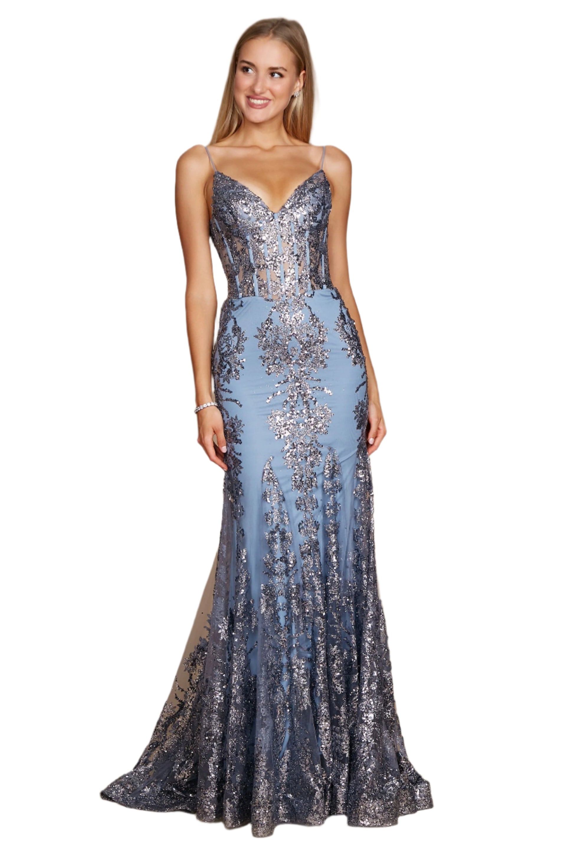 Kos Couture Fitted Corset-Style Full-Length Formal Gown Prom Dress - PLATINUM - FRONT VIEW 2