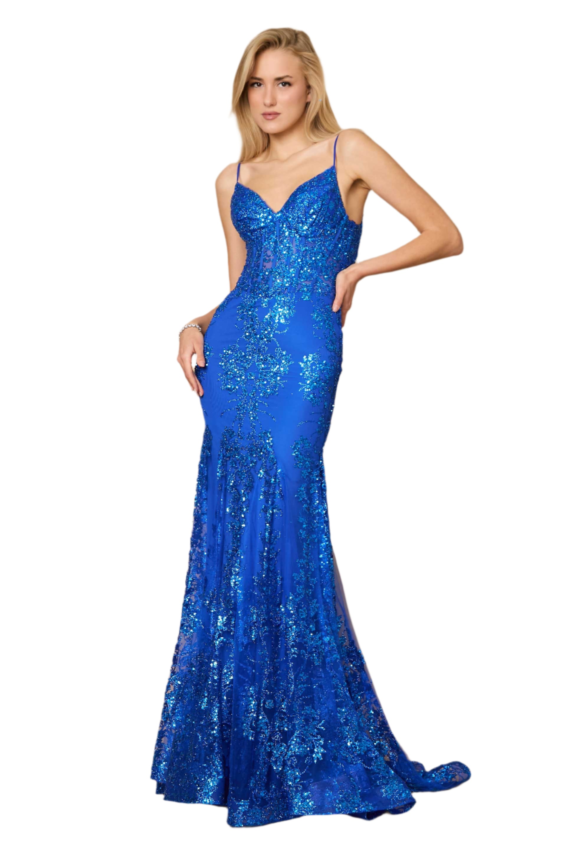 Kos Couture Fitted Corset-Style Full-Length Formal Gown Prom Dress - ROYAL BLUE - FRONT 