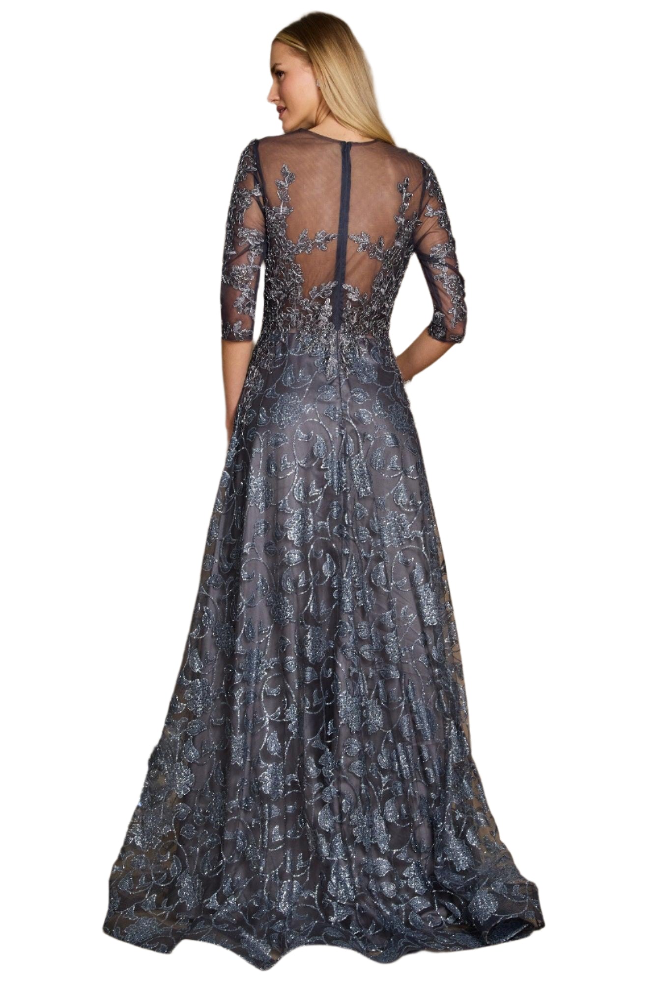 Dylan and Davids Full-Length Formal Gown Lace Evening Dress - CHARCOAL - Back