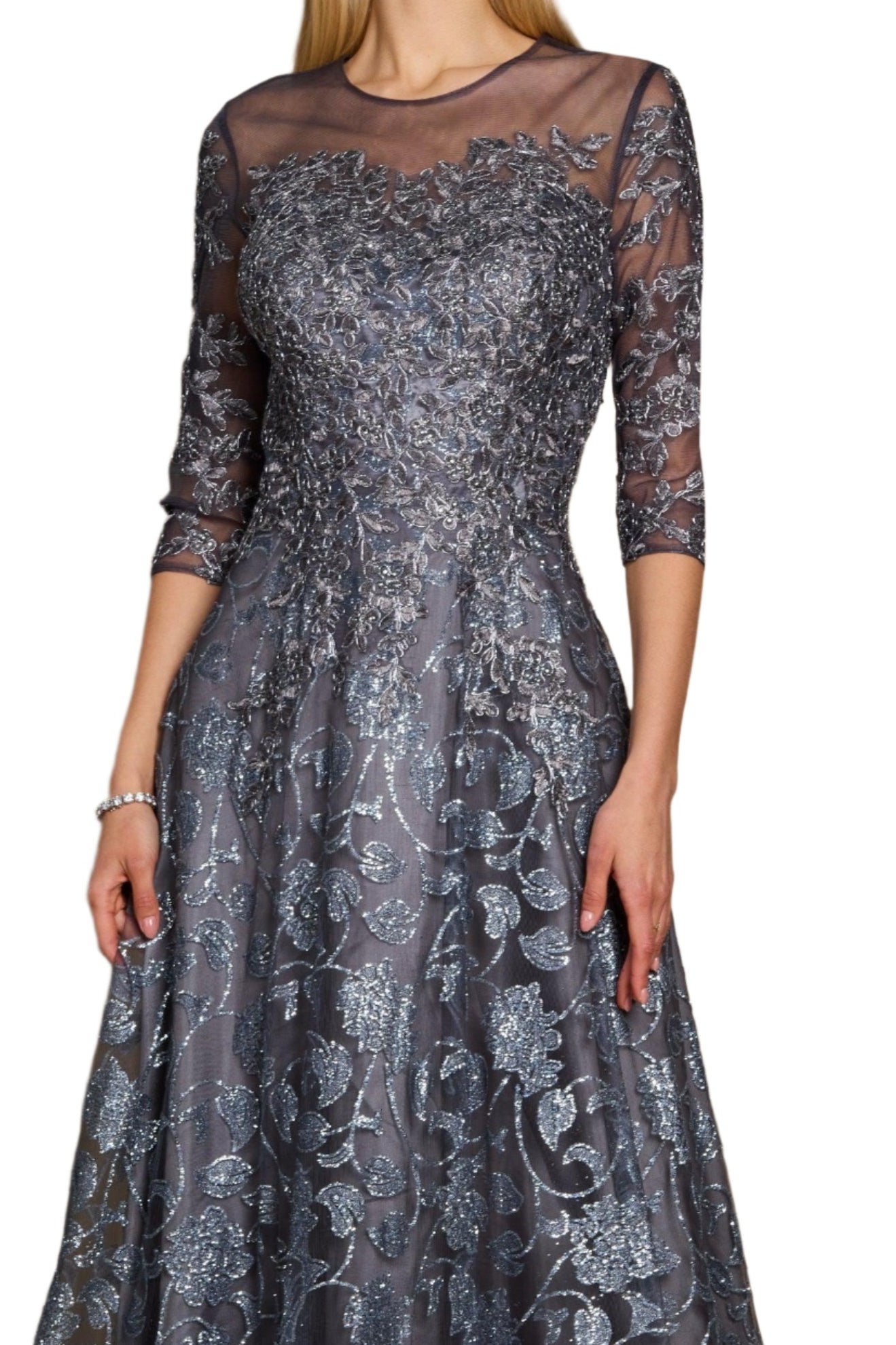 Dylan and Davids Full-Length Formal Gown Lace Evening Dress - CHARCOAL - Fabric