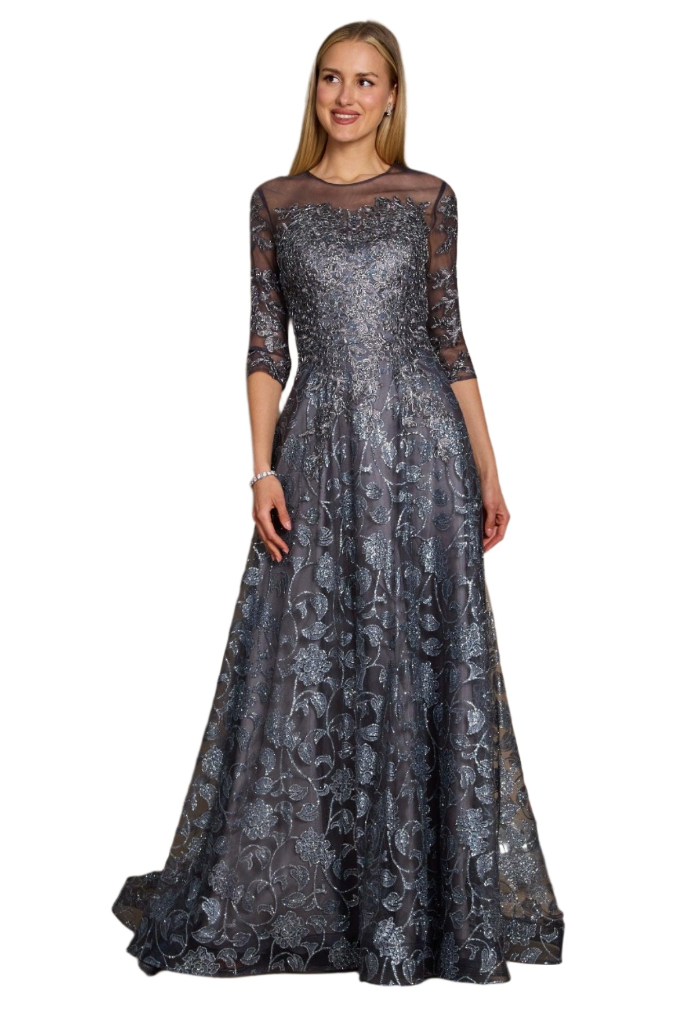 Dylan and Davids Full-Length Formal Gown Lace Evening Dress - CHARCOAL - Front