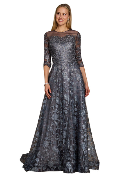 Dylan and Davids Full-Length Formal Gown Lace Evening Dress - CHARCOAL - Front