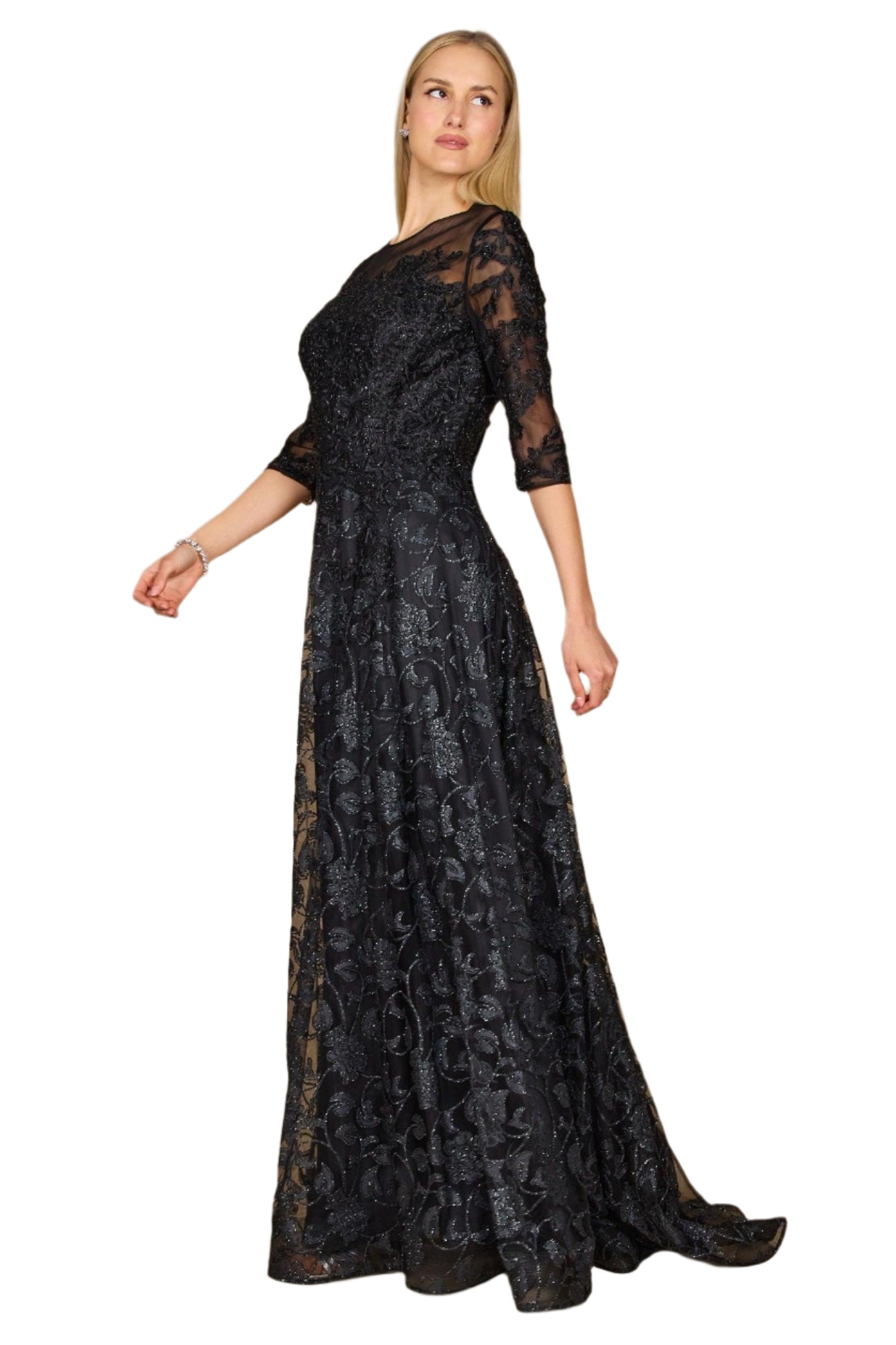 Dylan and Davids Full-Length Formal Gown Lace Evening Dress - BLACK - Side