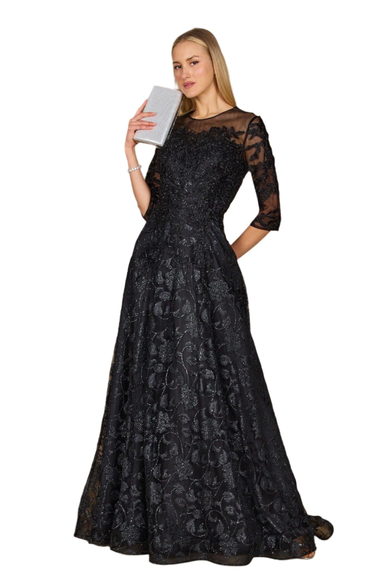 Dylan and Davids Full-Length Formal Gown Lace Evening Dress - BLACK - Front
