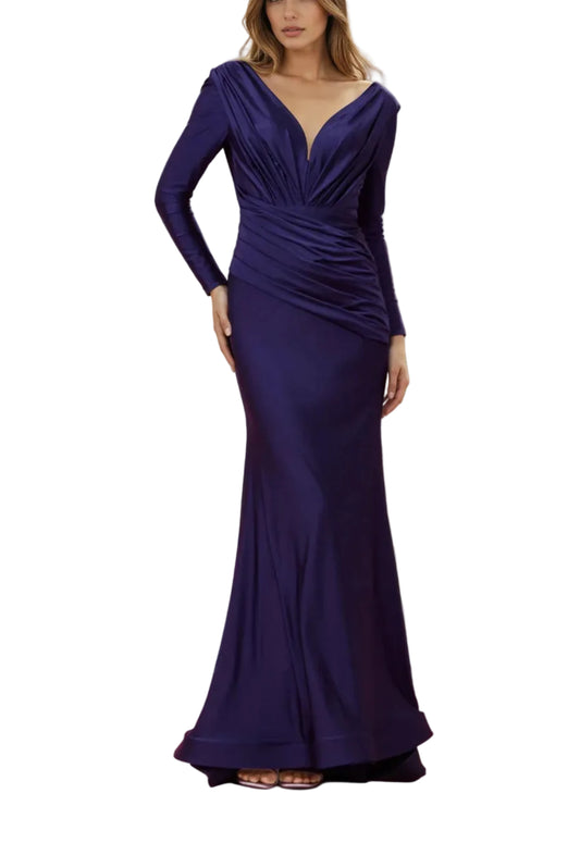 Dylan & Davids Satin Long Sleeve Formal Fitted Evening Gown in Navy