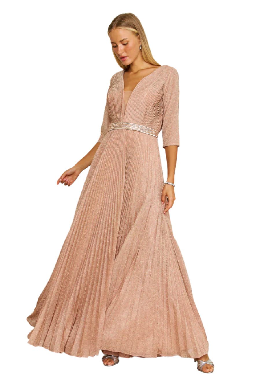 Dylan and Davids Full-Length 3/4 Sleeve Formal Gown Evening Dress - ROSE GOLD - Front