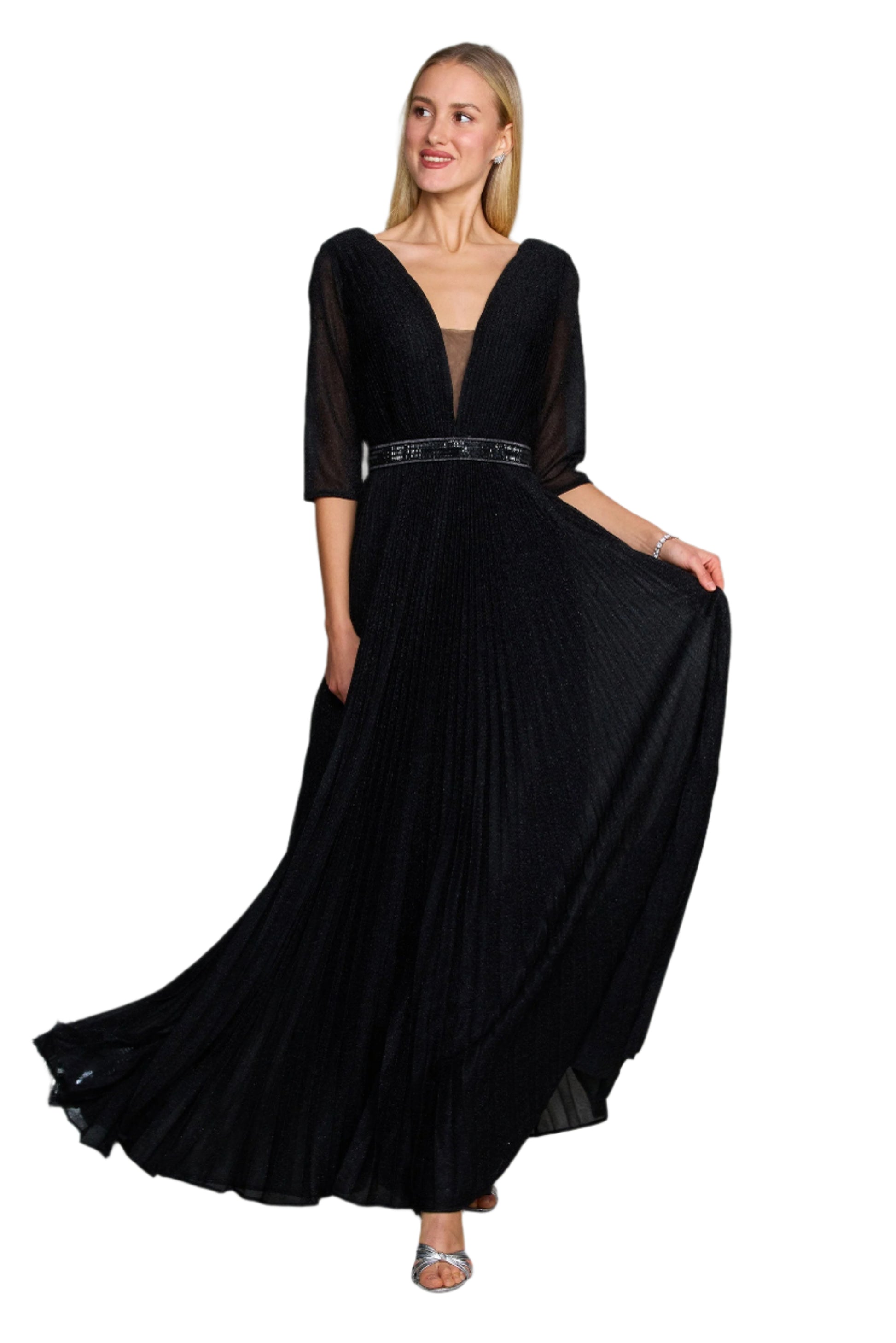 Dylan and Davids Full-Length 3/4 Sleeve Formal Gown Evening Dress - BLACK - Front