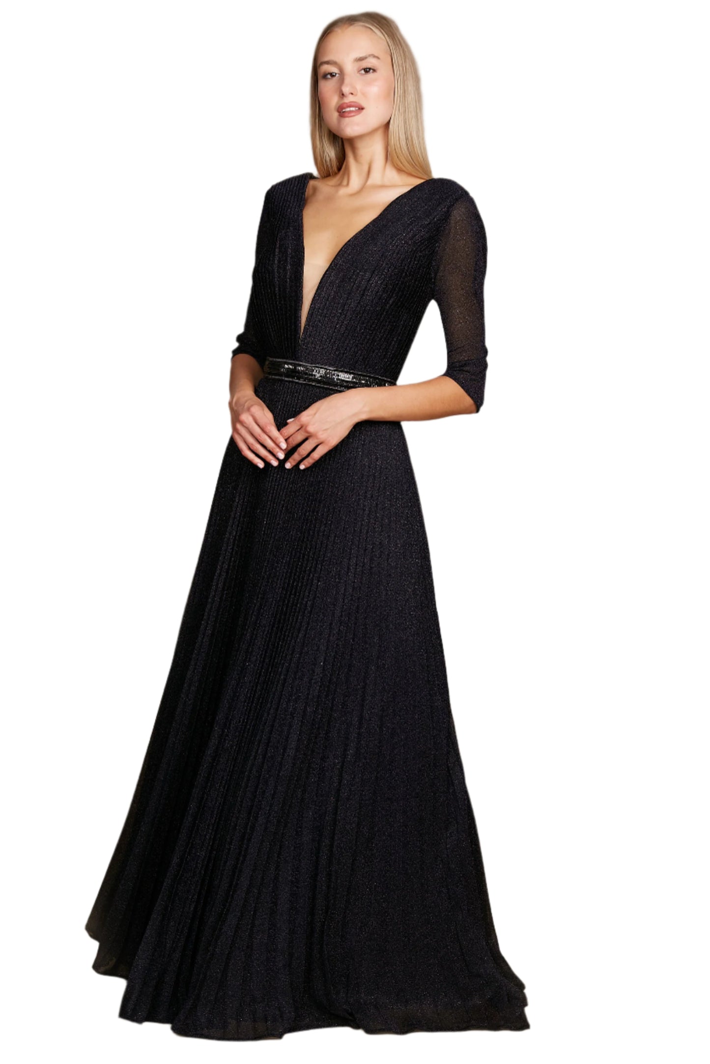 Dylan and Davids Full-Length 3/4 Sleeve Formal Gown Evening Dress - BLACK - Front Full View