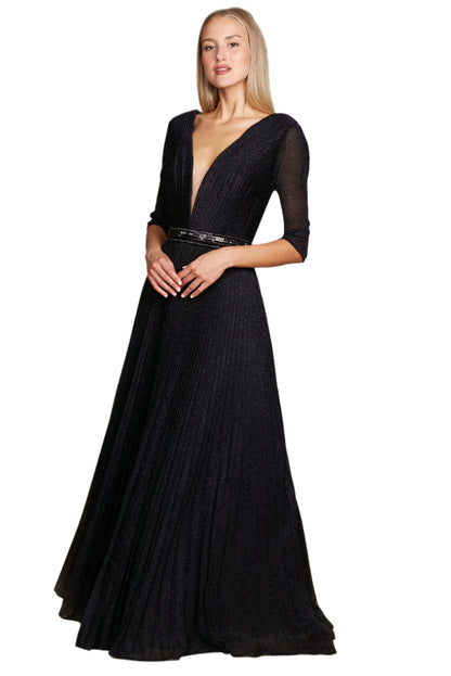 Dylan and Davids Full-Length 3/4 Sleeve Formal Gown Evening Dress - BLACK - Front Full View