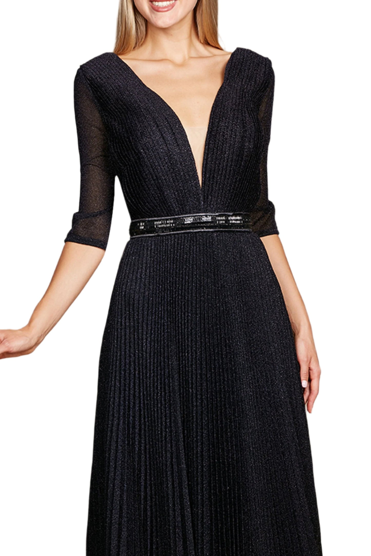 Dylan and Davids Full-Length 3/4 Sleeve Formal Gown Evening Dress - BLACK - Fabric