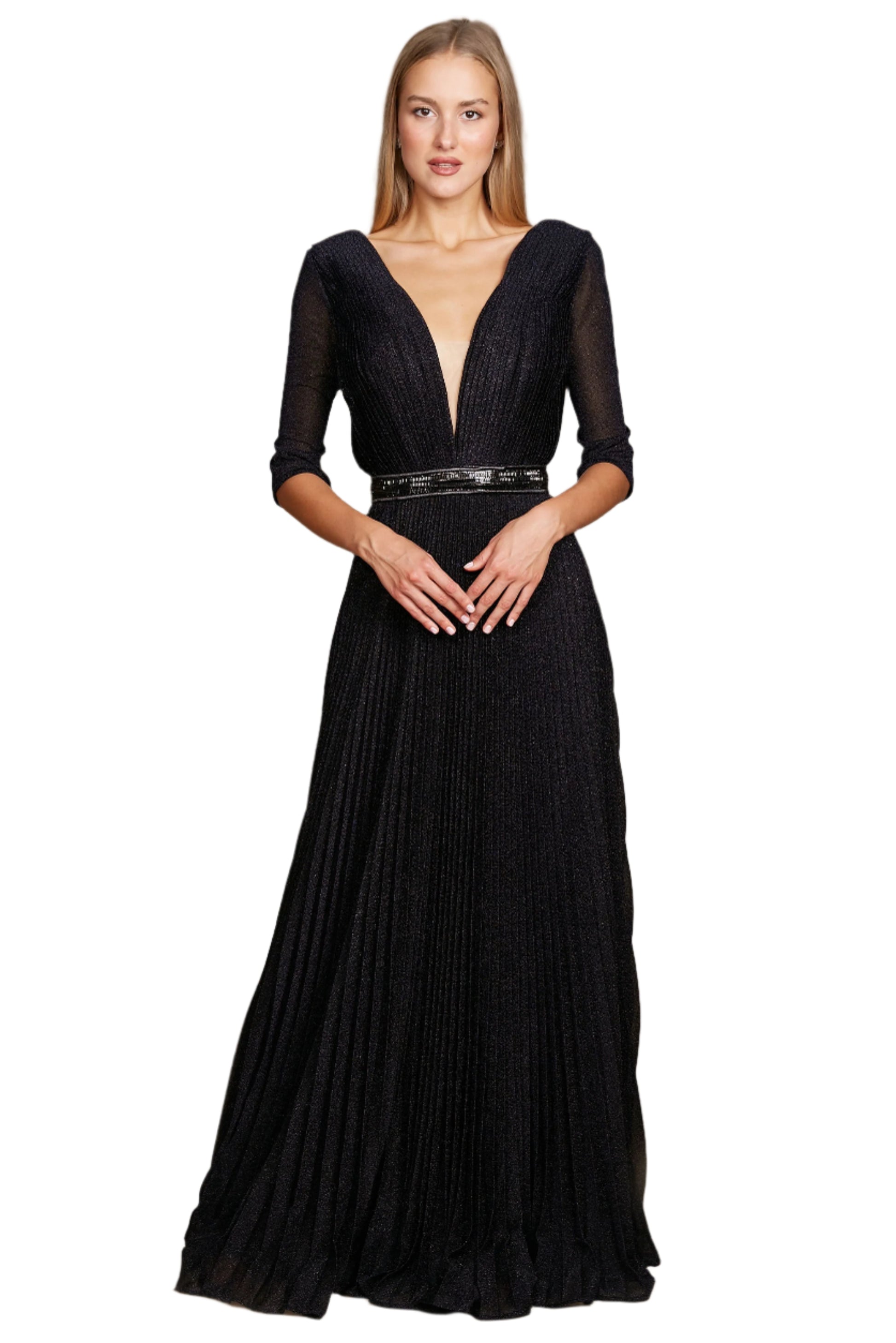 Dylan and Davids Full-Length 3/4 Sleeve Formal Gown Evening Dress - BLACK - Front View