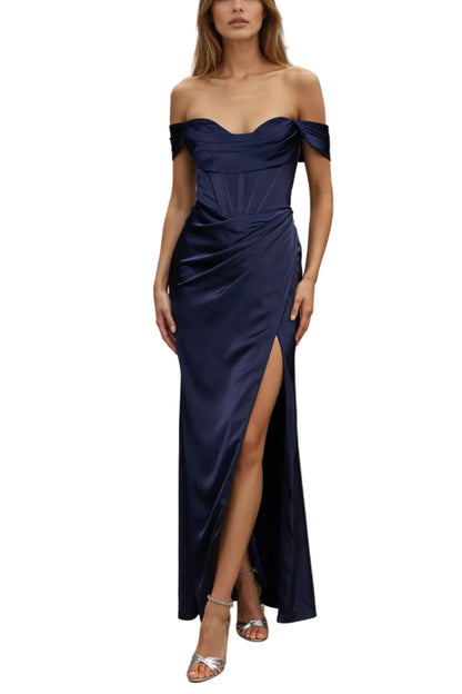 Elegant Satin Off Shoulder Corset Prom Dress Formal Evening Gown in Navy