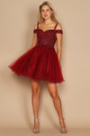 Homecoming Dresses Short Sparkle Off Shoulder Prom Dress Burgundy