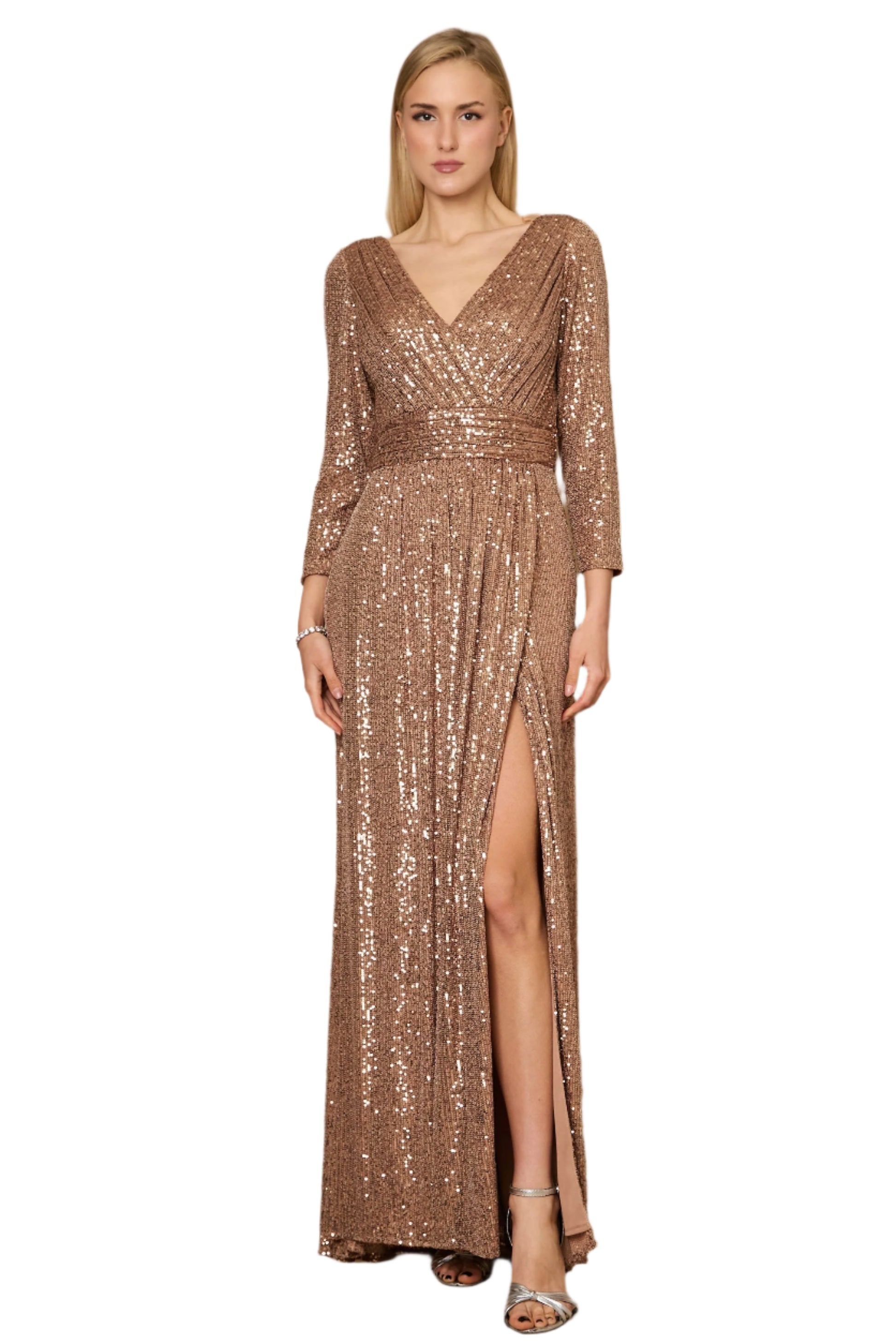 Dylan and Davids 3/4 Length Sleeve Sequin Formal Hand Beaded Gown Dress - BRONZE - FRONT VIEW 3