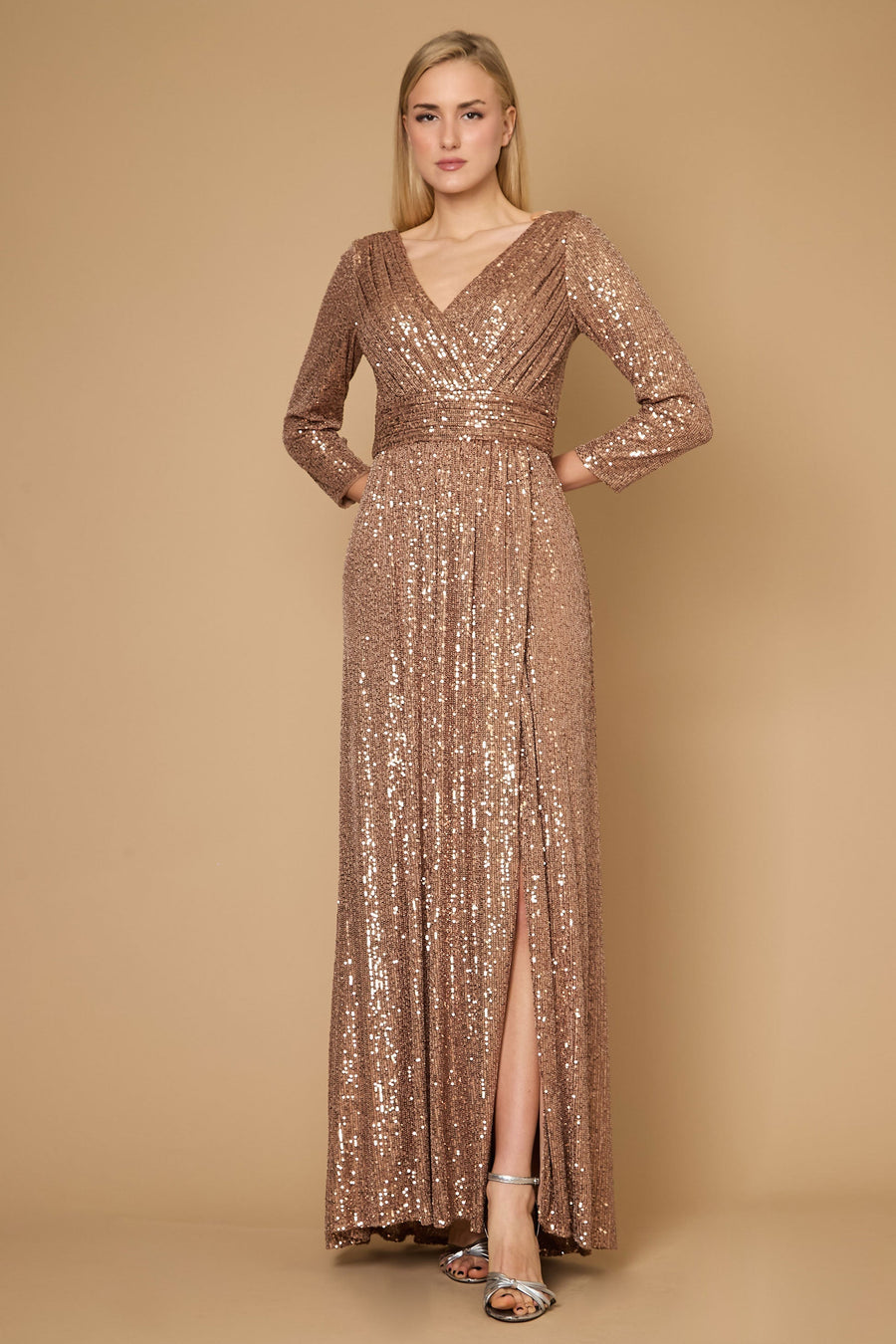 Long Sleeve Sequin Formal Hand Beaded Dress