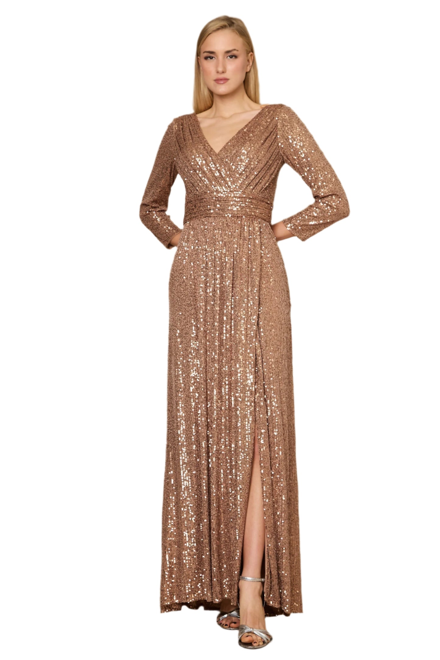 Dylan and Davids 3/4 Length Sleeve Sequin Formal Hand Beaded Gown Dress - BRONZE - FRONT 