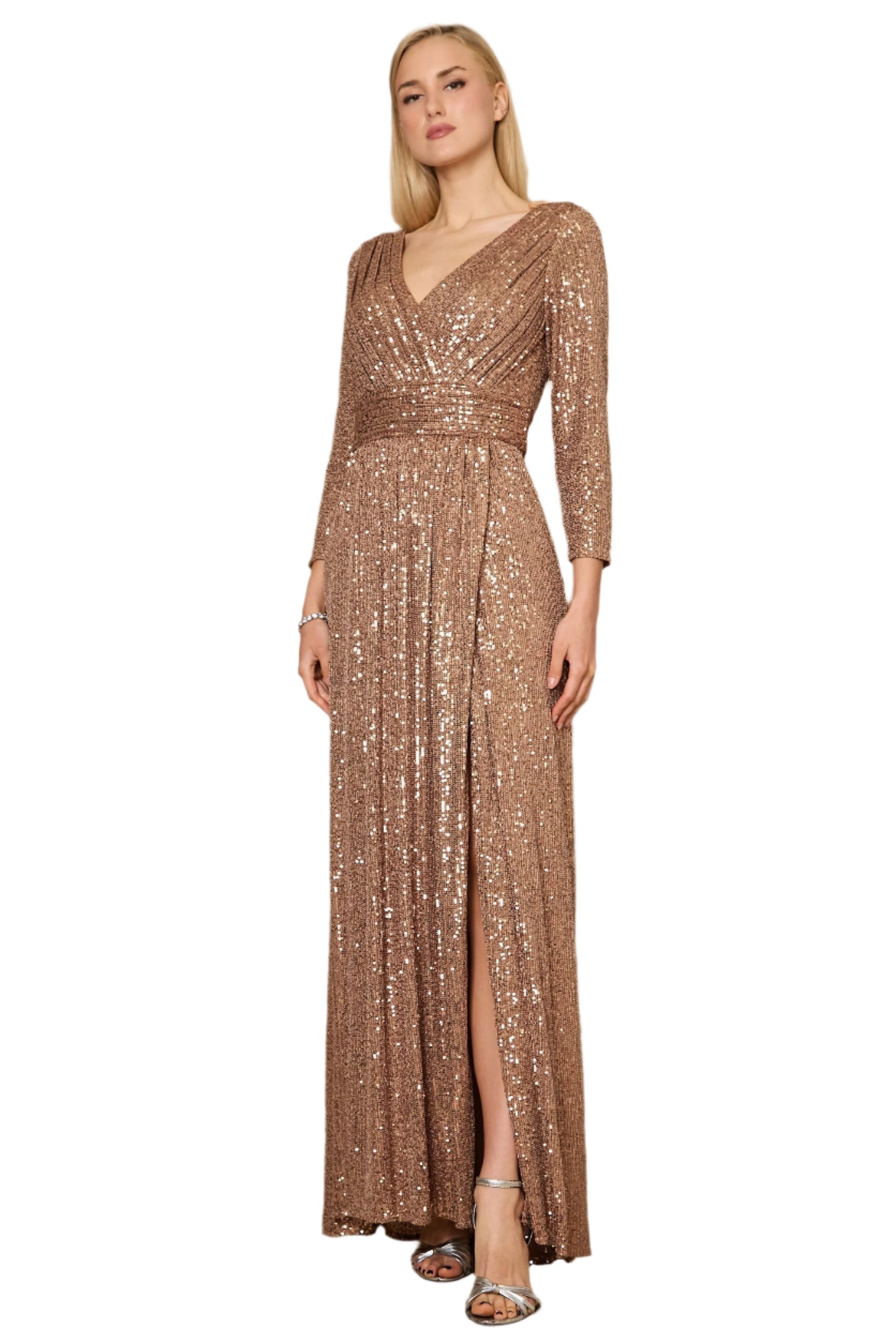 Dylan and Davids 3/4 Length Sleeve Sequin Formal Hand Beaded Gown Dress- BRONZE - FRONT VIEW