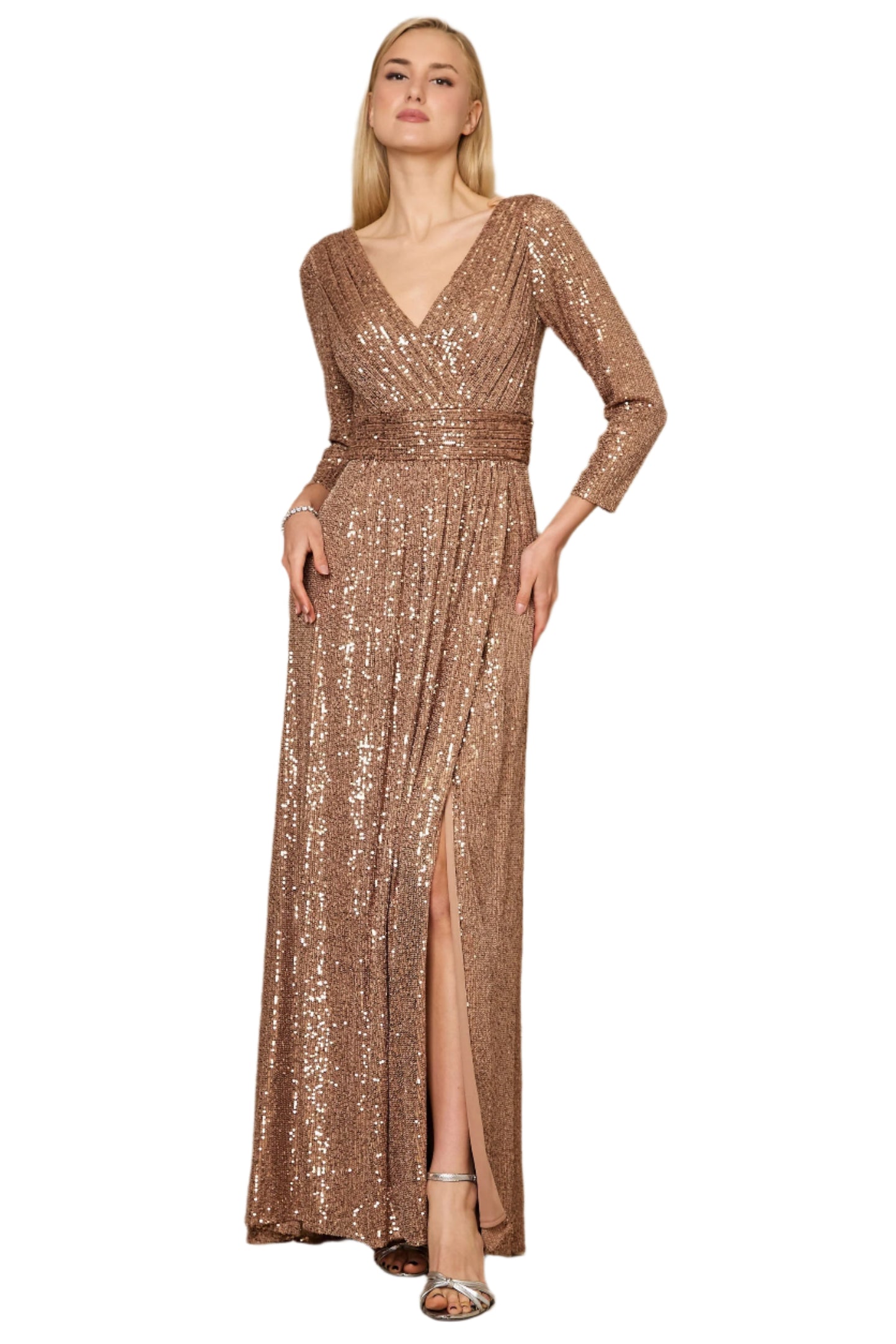 Dylan and Davids 3/4 Length Sleeve Sequin Formal Hand Beaded Gown Dress - BRONZE - FRONT VIEW 2