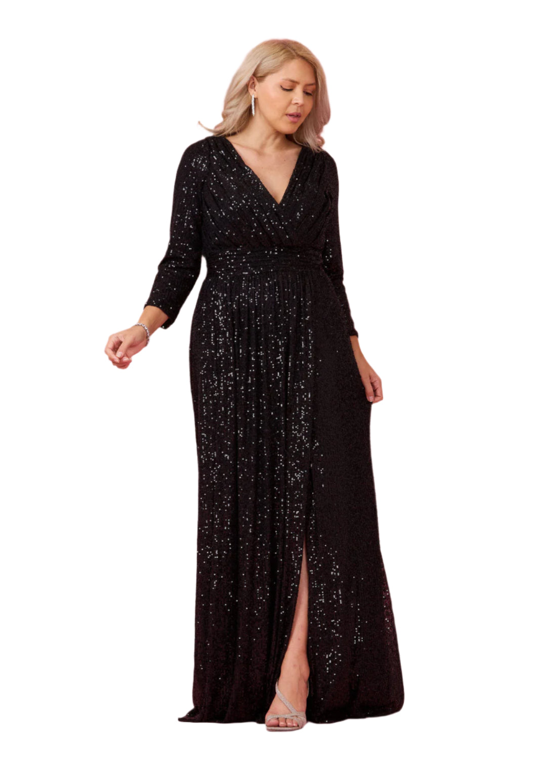 Dylan and Davids 3/4 Length Sleeve Sequin Formal Hand Beaded Gown Dress - BLACK - FRONT 