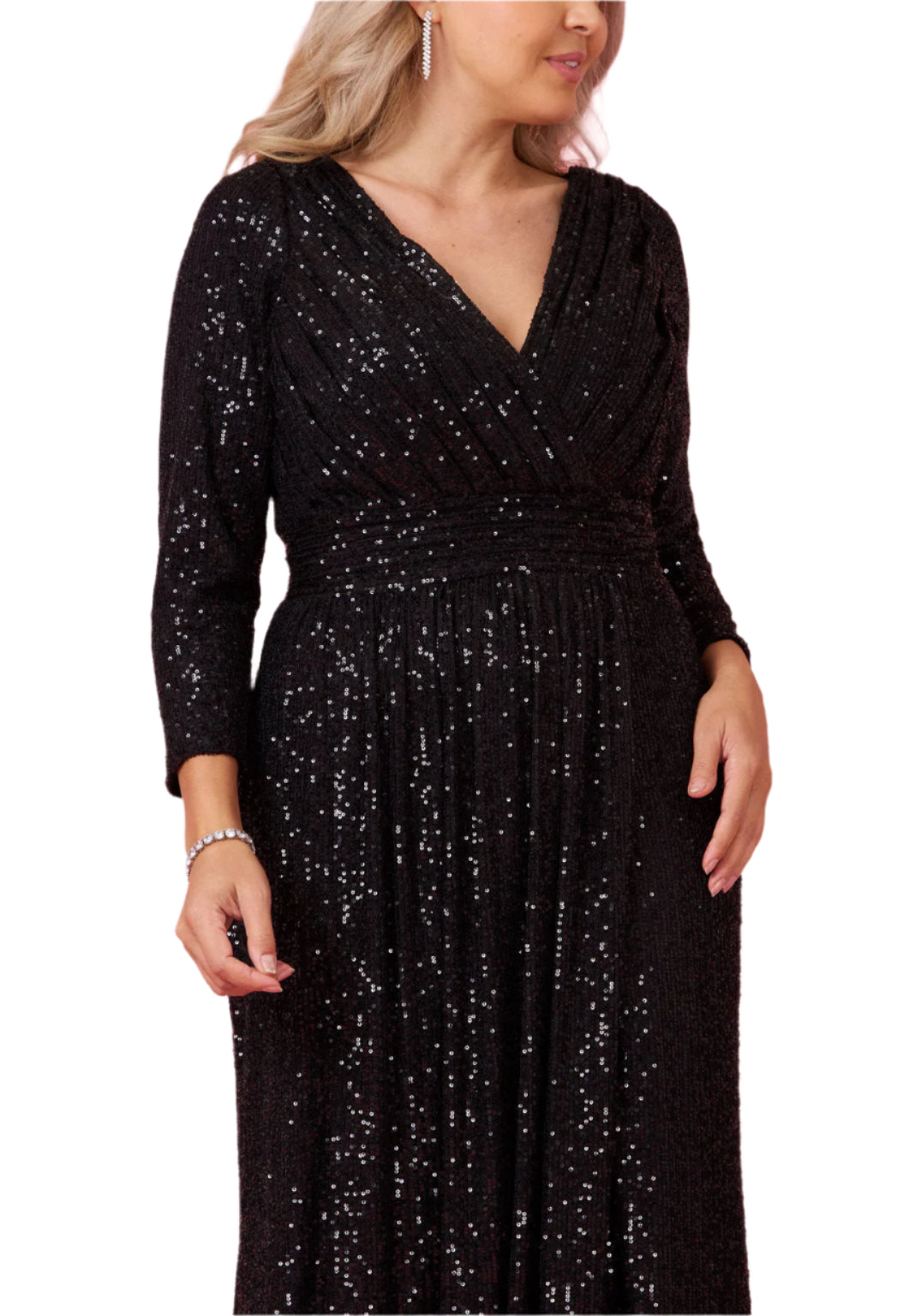 Dylan and Davids 3/4 Length Sleeve Sequin Formal Hand Beaded Gown Dress - Black - FRONT VIEW
