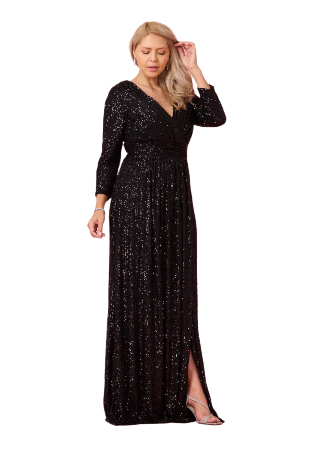 Dylan and Davids 3/4 Length Sleeve Sequin Formal Hand Beaded Gown Dress - BLACK - SIDE 
