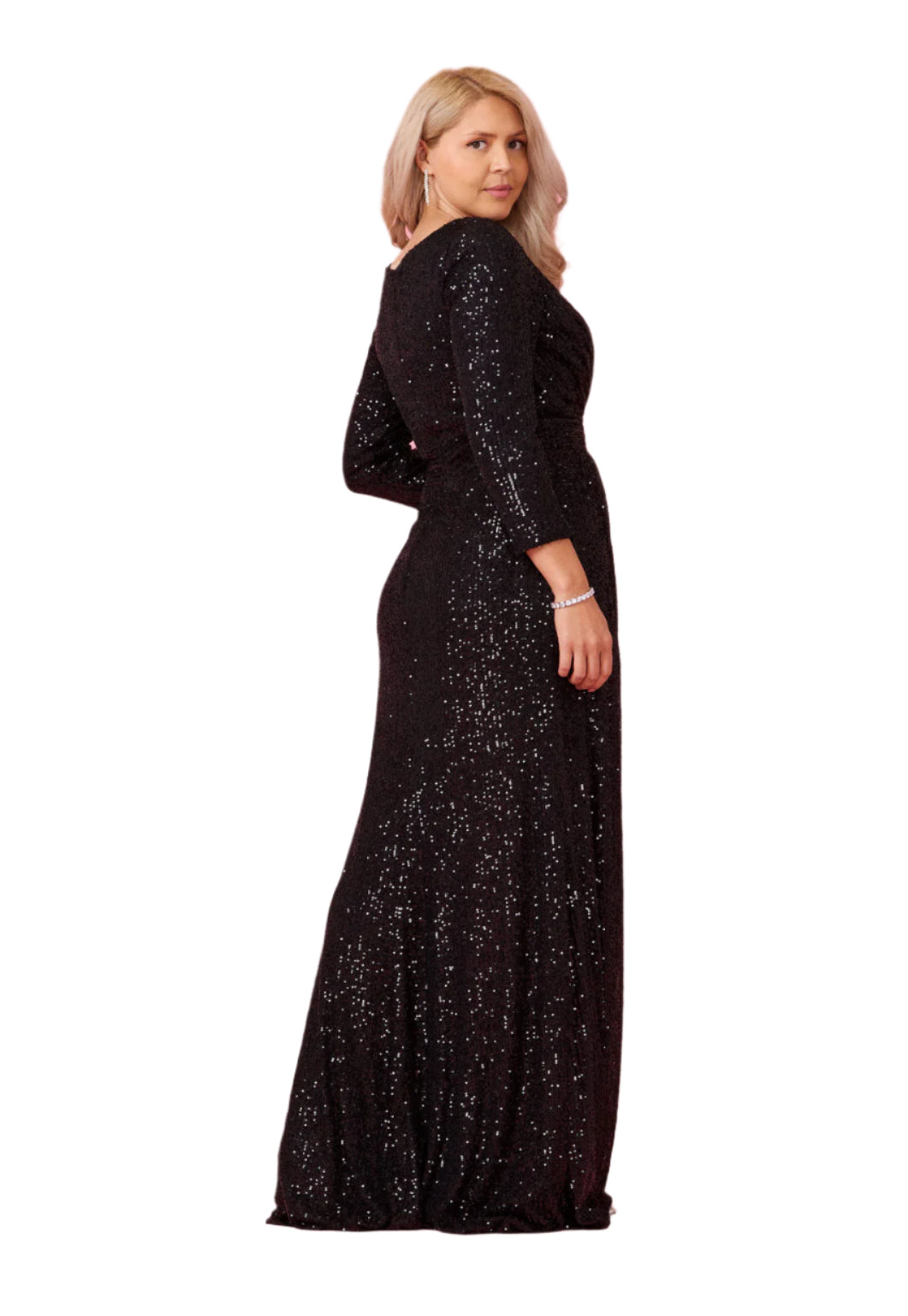 Dylan and Davids 3/4 Length Sleeve Sequin Formal Hand Beaded Gown Dress - BLACK - BACK