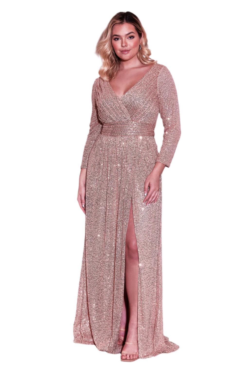 Dylan and Davids 3/4 Length Sleeve Sequin Formal Hand Beaded Gown Dress - ROSE - FRONT 