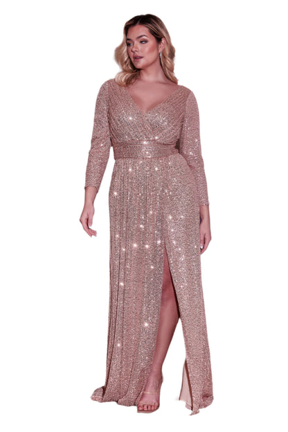 Dylan and Davids 3/4 Length Sleeve Sequin Formal Hand Beaded Gown Dress - ROSE - FRONT VIEW 1