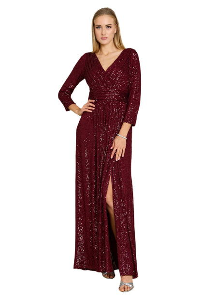 Dylan and Davids 3/4 Length Sleeve Sequin Formal Hand Beaded Gown Dress - BURGANDY - FRONT 