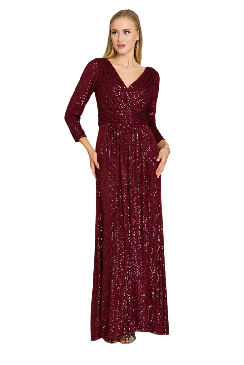 Dylan and Davids 3/4 Length Sleeve Sequin Formal Hand Beaded Gown Dress - BURGANDY - FRONT VIEW