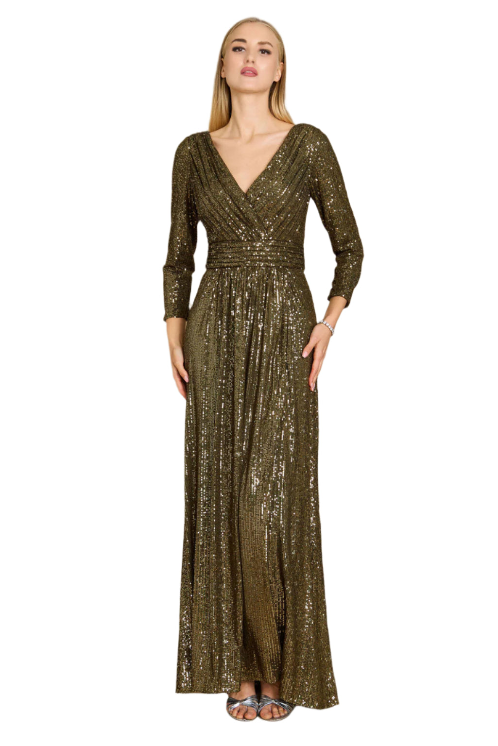 Dylan and Davids 3/4 Length Sleeve Sequin Formal Hand Beaded Gown Dress - OLIVE - FRONT 