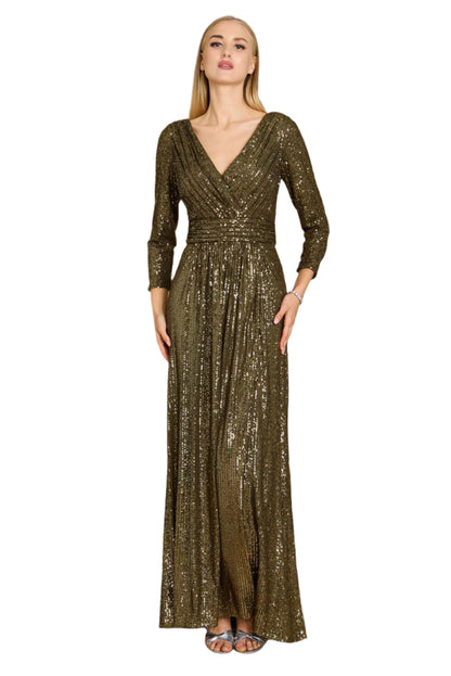 Dylan and Davids 3/4 Length Sleeve Sequin Formal Hand Beaded Gown Dress - OLIVE - FRONT 