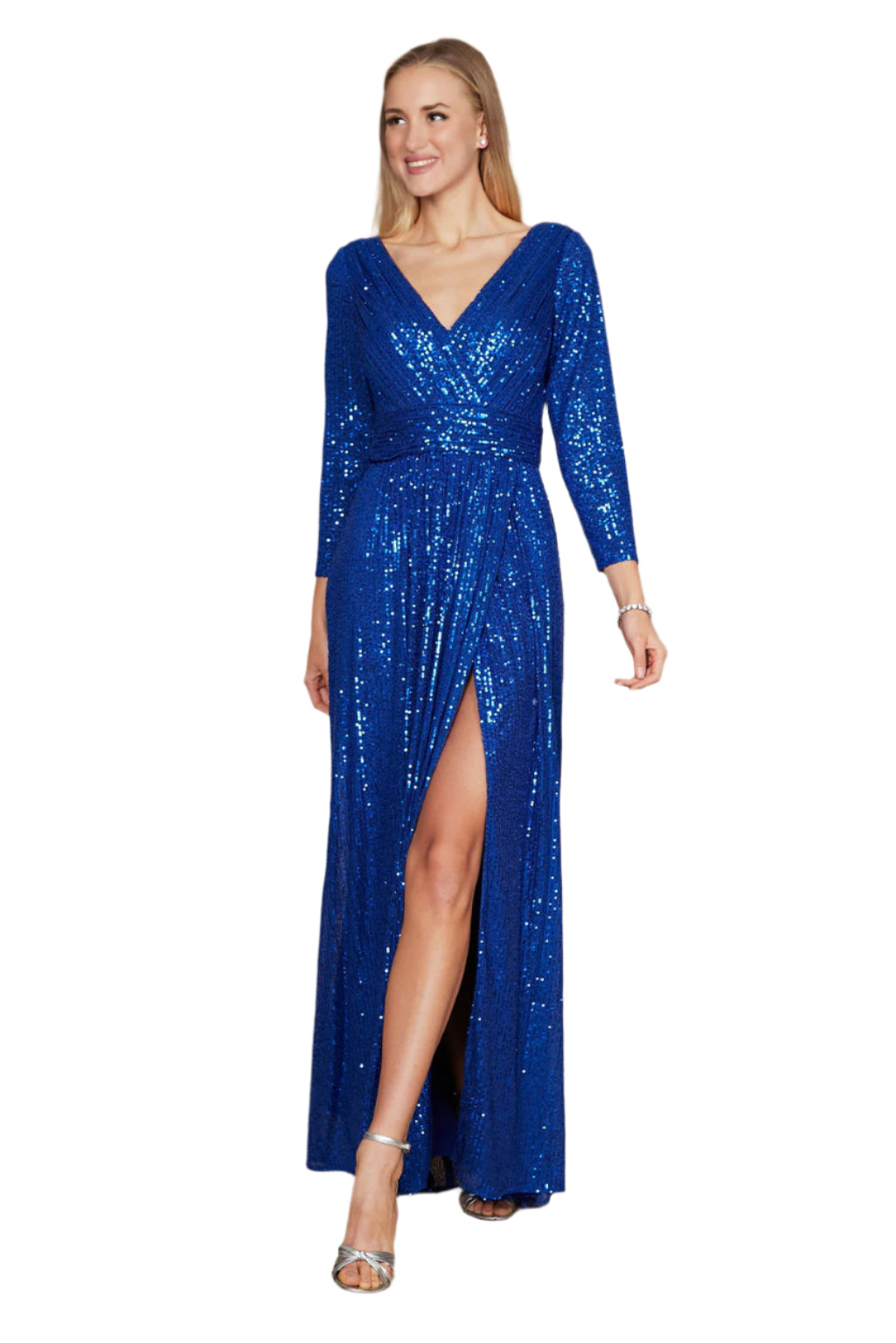 Dylan and Davids 3/4 Length Sleeve Sequin Formal Hand Beaded Gown Dress - ROYAL - FRONT VIEW