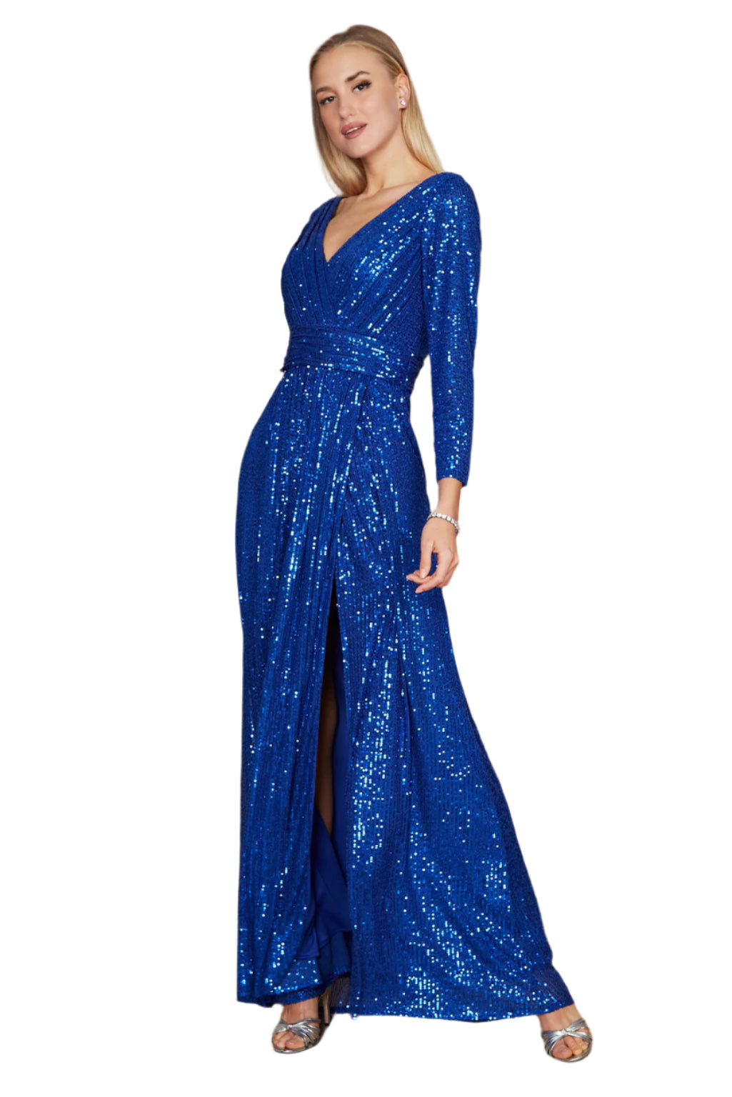 Dylan and Davids 3/4 Length Sleeve Sequin Formal Hand Beaded Gown Dress - ROYAL - FRONT VIEW 2