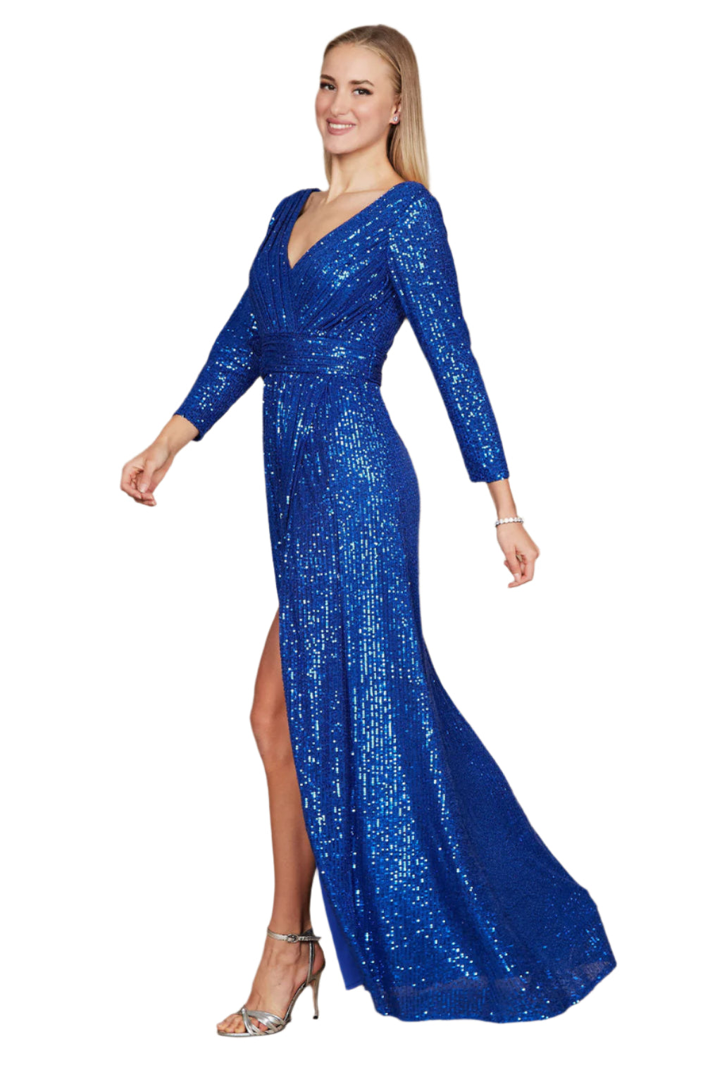 Dylan and Davids 3/4 Length Sleeve Sequin Formal Hand Beaded Gown Dress- ROYAL - SIDE 