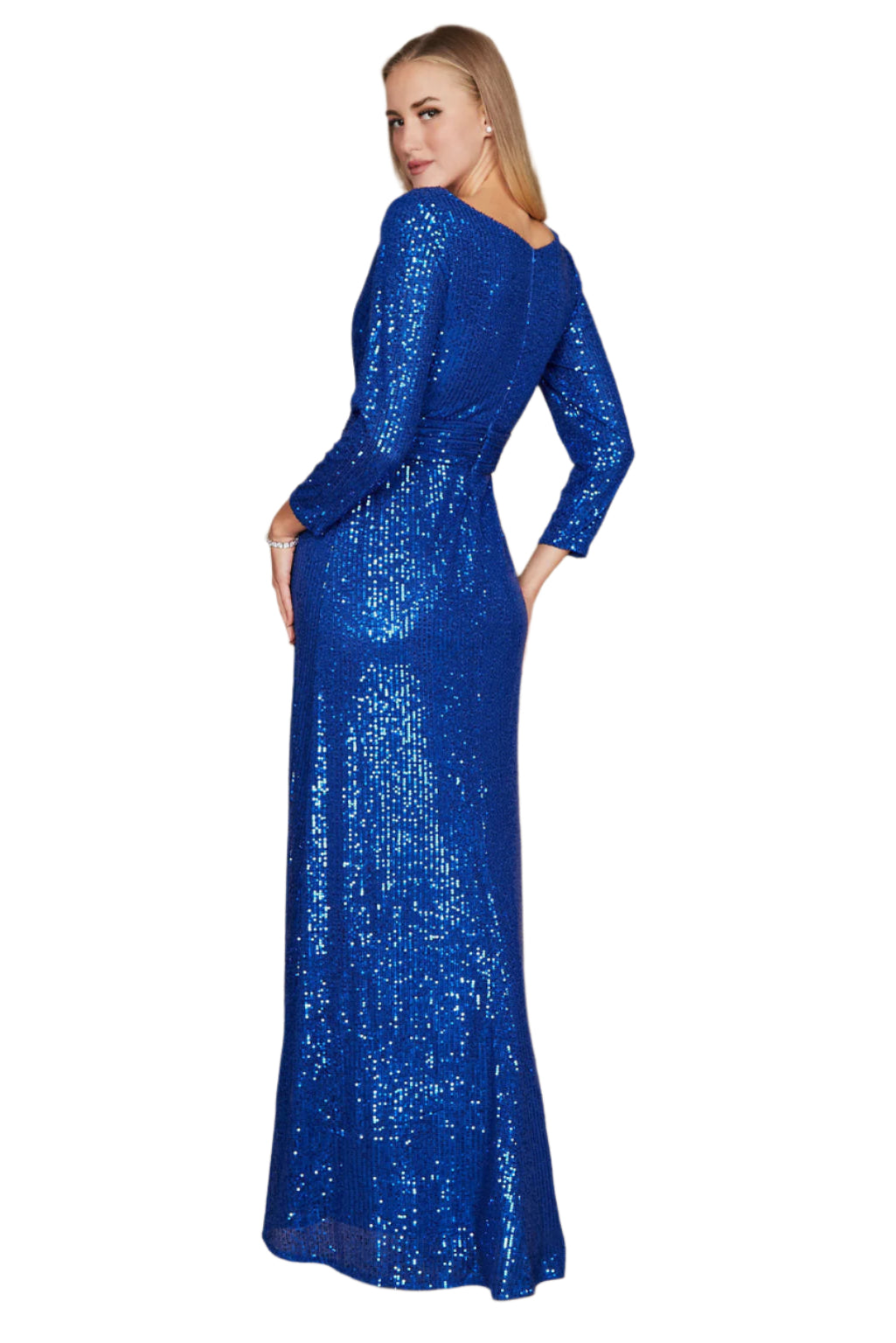 Dylan and Davids 3/4 Length Sleeve Sequin Formal Hand Beaded Gown Dress - ROYAL - BACK