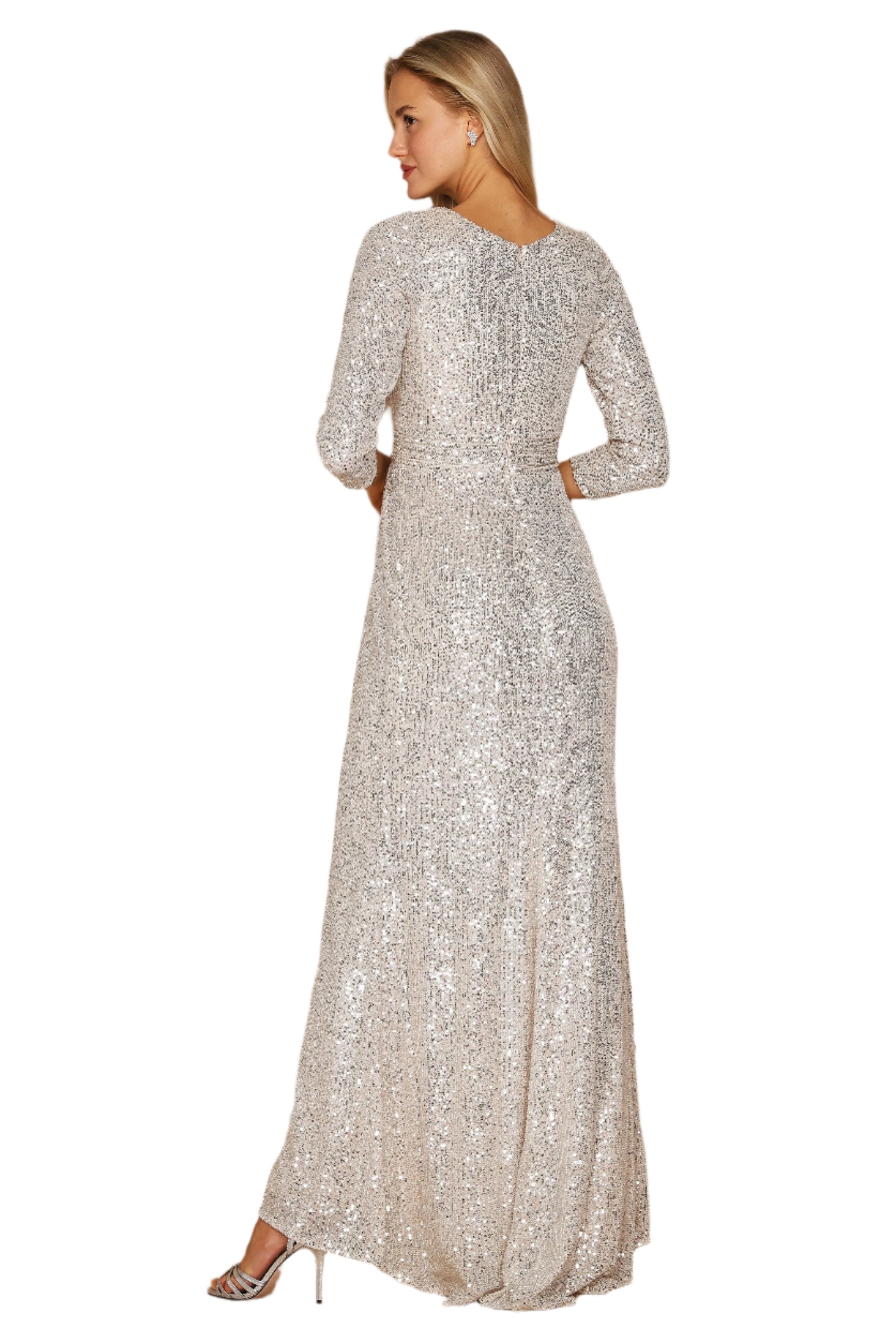 Dylan and Davids 3/4 Length Sleeve Sequin Formal Hand Beaded Gown Dress - SILVER - BACK