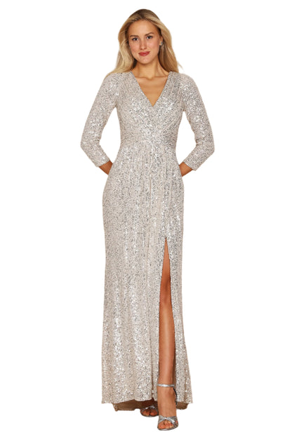 Dylan and Davids 3/4 Length Sleeve Sequin Formal Hand Beaded Gown Dress - SILVER - FRONT VIEW