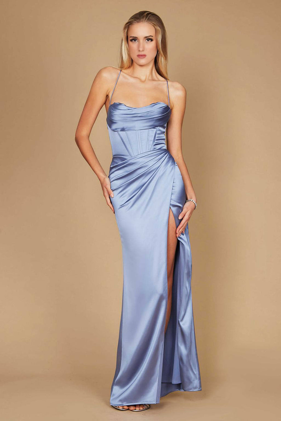 Draped Lace Up Cowl Long Prom Dress