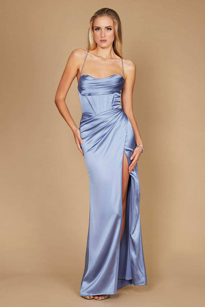 Draped Lace Up Cowl Long Prom Dress