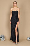 A stunning long black prom dress featuring a fitted silhouette and an elegant corset back design, perfect for a formal evening event.