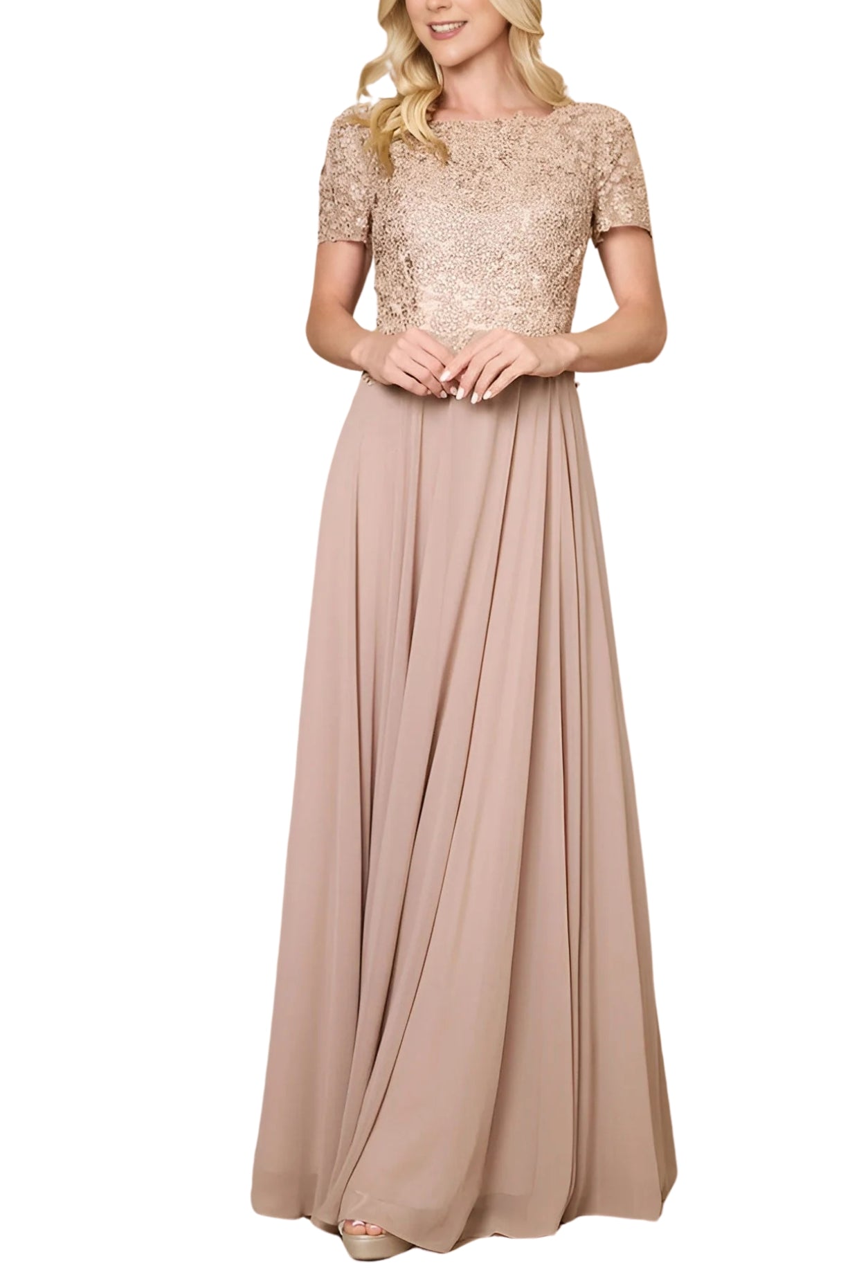 Dylan and Davids Short-Length Sleeve Mother Of The Bride Evening Dress - MOCHA - FRONT 