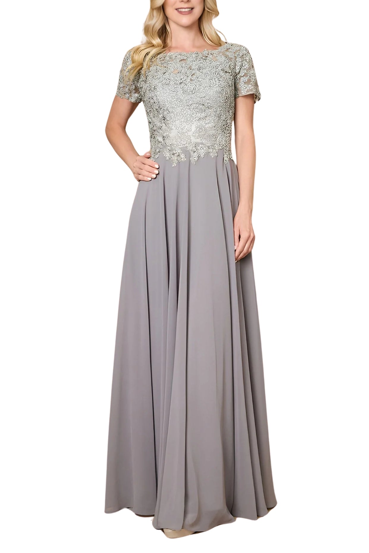 Dylan and Davids Short-Length Sleeve Mother Of The Bride Evening Dress - SILVER - FRONT 