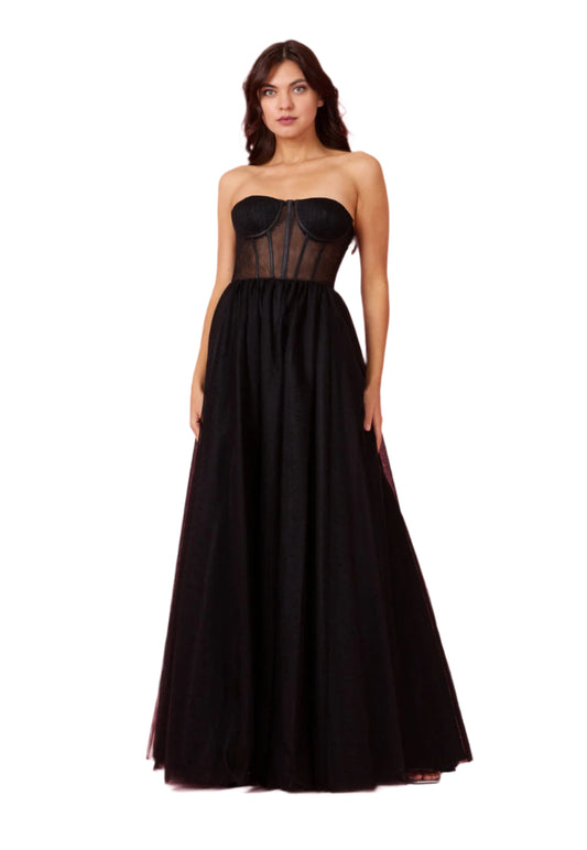 Dylan and Davids Corset-Style Prom Party Formal Ball Gown Dress - BLACK - Front View