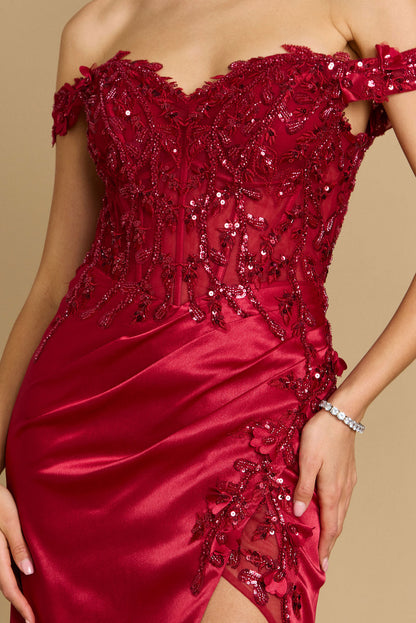 KOS Couture Satin Fitted Corset Off Shoulder Formal Prom Dress