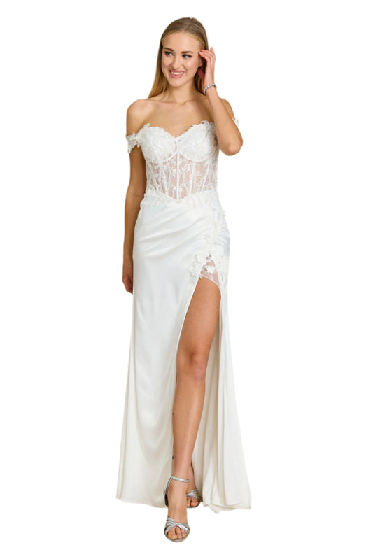 Dylan and Davids Fitted Corset-Style Off the Shoulder Formal Gown Prom Dress - IVORY - FRONT VIEW