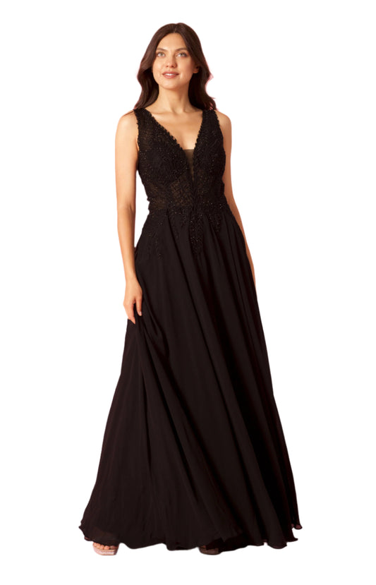 Dylan and Davids Full-Length Formal Gown Dress Plus Size Chiffon Evening Gown- BLACK - FRONT 