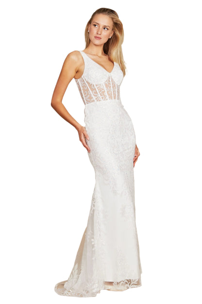 Kos Couture Sequin Corset-Style Bodice Formal Gown Prom Dress - WHITE - Side